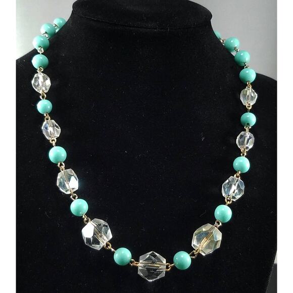 Vintage Art Deco Crystal Bead Necklace Turquoise Lucite 1940s 1950s Hand Cut 17" - Picture 3 of 10